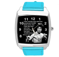 BRUCE LEE FILM DVD GYM SPORT MARITAL ARTS MOTIVATION BLUE LEATHER SQUARE WATCH