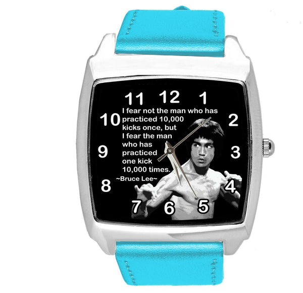 BRUCE LEE FILM DVD GYM SPORT MARITAL ARTS MOTIVATION BLUE LEATHER SQUARE WATCH