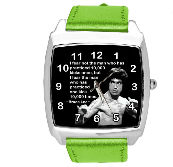 BRUCE LEE FILM DVD GYM SPORT MARITAL ARTS MOTIVATION GREEN LEATHER SQUARE WATCH