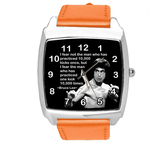 BRUCE LEE FILM DVD GYM SPORT MARITAL ARTS MOTIVATION ORANGE LEATHER SQUARE WATCH