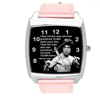 BRUCE LEE FILM DVD GYM SPORT MARITAL ARTS MOTIVATION PINK LEATHER SQUARE WATCH