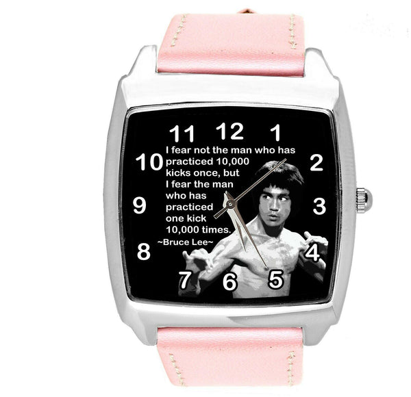 BRUCE LEE FILM DVD GYM SPORT MARITAL ARTS MOTIVATION PINK LEATHER SQUARE WATCH