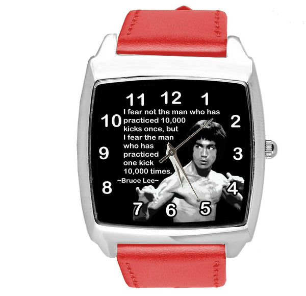 BRUCE LEE FILM DVD GYM SPORT MARITAL ARTS MOTIVATION RED LEATHER SQUARE WATCH