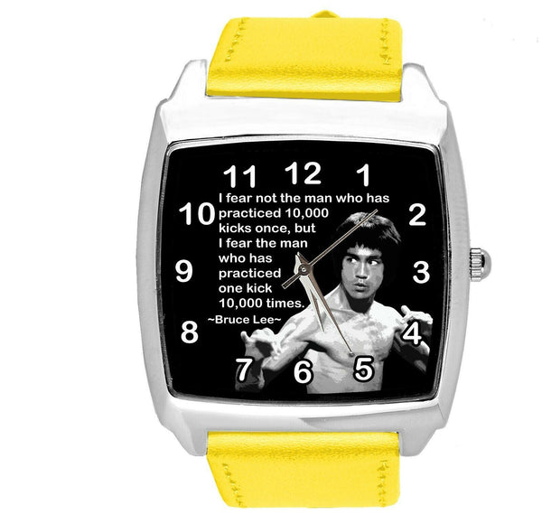 BRUCE LEE FILM DVD GYM SPORT MARITAL ARTS MOTIVATION YELLOW LEATHER SQUARE WATCH