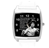 BRUCE LEE FILM DVD GYM SPORT MARITAL ARTS MOTIVATION WHITE LEATHER SQUARE WATCH