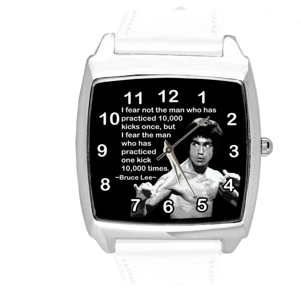 BRUCE LEE FILM DVD GYM SPORT MARITAL ARTS MOTIVATION WHITE LEATHER SQUARE WATCH
