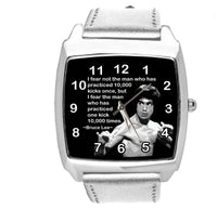 BRUCE LEE FILM DVD GYM SPORT MARITAL ARTS MOTIVATION SILVER LEATHER SQUARE WATCH