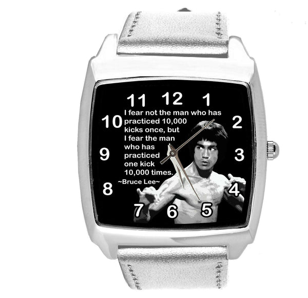 BRUCE LEE FILM DVD GYM SPORT MARITAL ARTS MOTIVATION SILVER LEATHER SQUARE WATCH