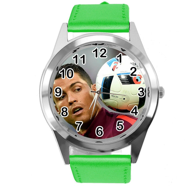 RONALDO SOCCER PLAYER FOOTBALL GAME GREEN LEATHER ROUND CD DVD TV SPORT WATCH