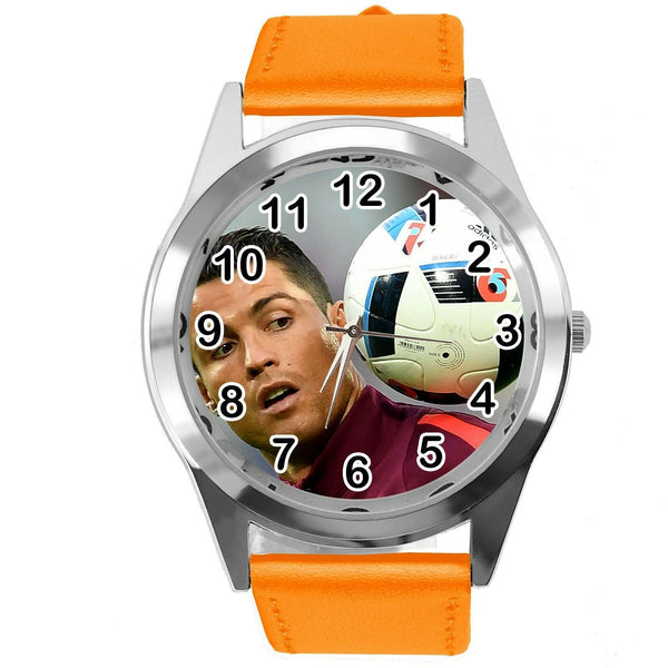 RONALDO SOCCER PLAYER FOOTBALL GAME ORANGE LEATHER ROUND CD DVD TV SPORT WATCH