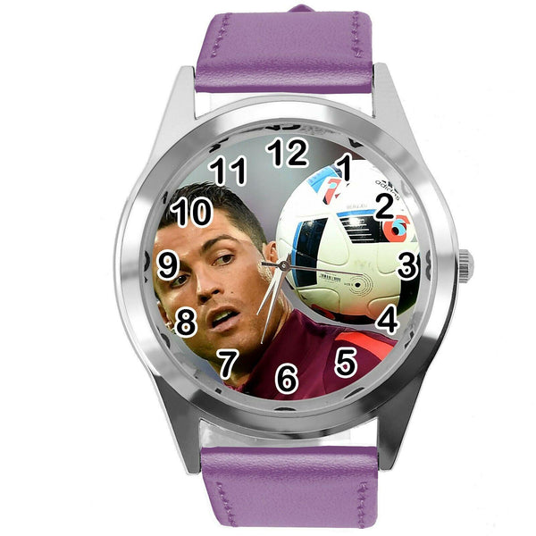 RONALDO SOCCER PLAYER FOOTBALL GAME PURPLE LEATHER ROUND CD DVD TV SPORT WATCH