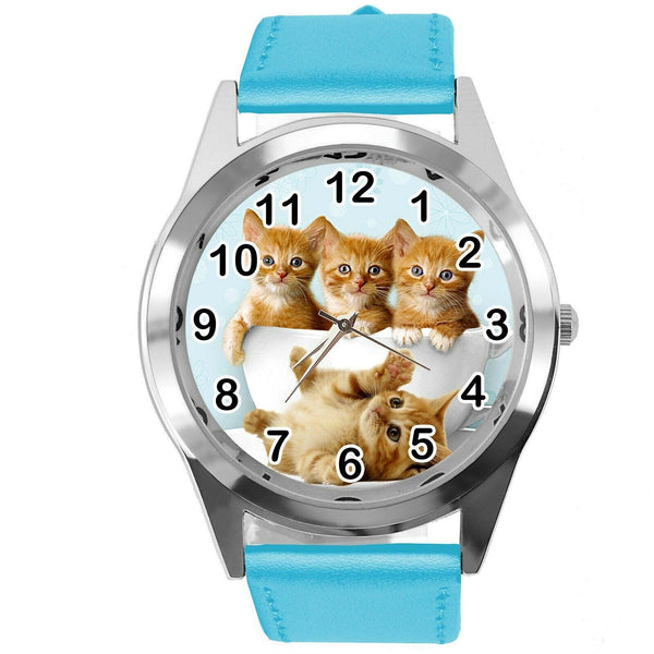 CUTE KITTENS KITTY PUSSY CATS  PET BLUE REAL LEATHER CD DVD TV QUARTZ WATCH