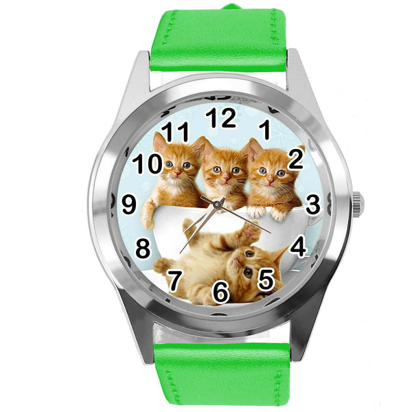 CUTE KITTENS KITTY PUSSY CATS  PET GREEN REAL LEATHER CD DVD TV QUARTZ WATCH