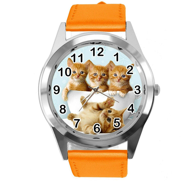 CUTE KITTENS KITTY PUSSY CATS  PET ORANGE REAL LEATHER CD DVD TV QUARTZ WATCH