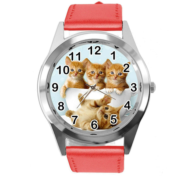 CUTE KITTENS KITTY PUSSY CATS  PET RED REAL LEATHER CD DVD TV QUARTZ WATCH