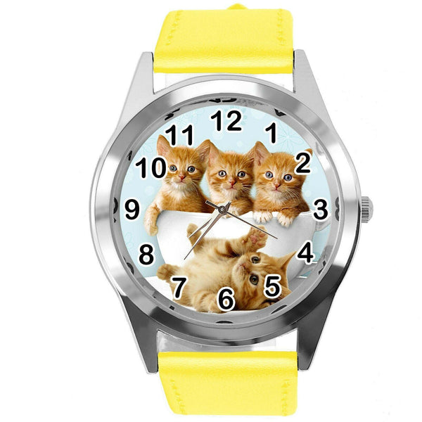 CUTE KITTENS KITTY PUSSY CATS  PET YELLOW REAL LEATHER CD DVD TV QUARTZ WATCH