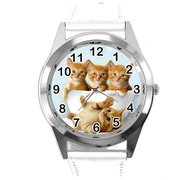 CUTE KITTENS KITTY PUSSY CATS  PET WHITE REAL LEATHER CD DVD TV QUARTZ WATCH