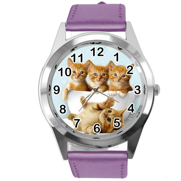 CUTE KITTENS KITTY PUSSY CATS  PET PURPLE REAL LEATHER CD DVD TV QUARTZ WATCH