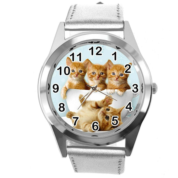 CUTE KITTENS KITTY PUSSY CATS  PET SILVER REAL LEATHER CD DVD TV QUARTZ WATCH