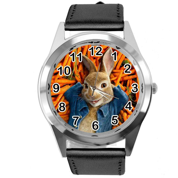 BLACK LEATHER FILM MOVIE CARTOON CD DVD TV STAINLESS WATCH FOR PETER RABBIT FANS