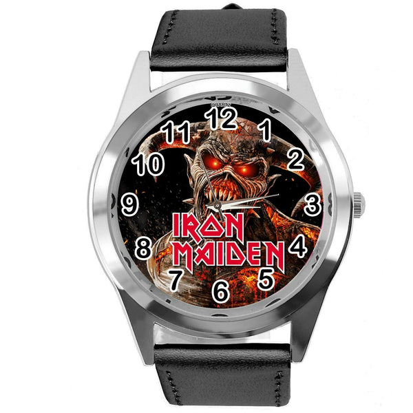 IRON MAIDEN BLACK LEATHER MUSIC HARD ROCK AND ROLL BAND CD DVD ROUND WATCH E2