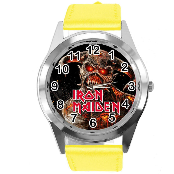 IRON MAIDEN YELLOW LEATHER MUSIC HARD ROCK AND ROLL BAND CD DVD ROUND WATCH E2