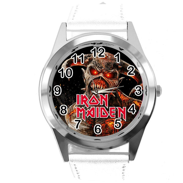 IRON MAIDEN WHITE LEATHER MUSIC HARD ROCK AND ROLL BAND CD DVD ROUND WATCH E2