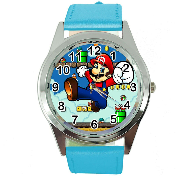 SUPER MARIO BROS VIDEO GAME PLUMBER HERO BLUE LEATHER VIDEO GAME STEEL WATCH