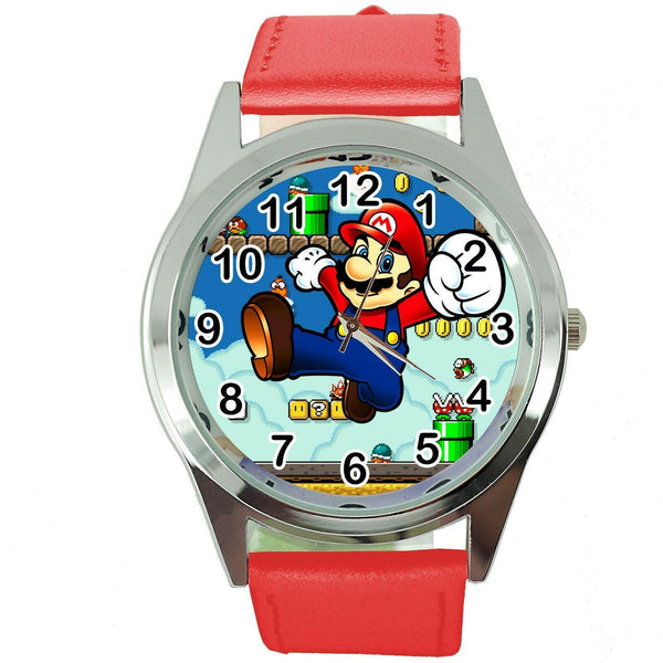 SUPER MARIO BROS VIDEO GAME PLUMBER HERO RED LEATHER VIDEO GAME STEEL WATCH