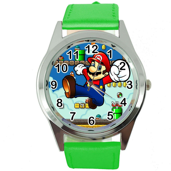SUPER MARIO BROS VIDEO GAME PLUMBER HERO GREEN LEATHER VIDEO GAME STEEL WATCH