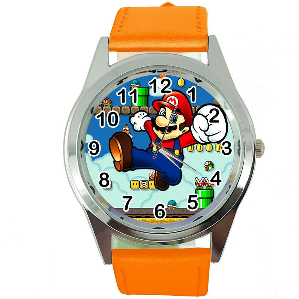 SUPER MARIO BROS VIDEO GAME PLUMBER HERO ORANGE LEATHER VIDEO GAME STEEL WATCH
