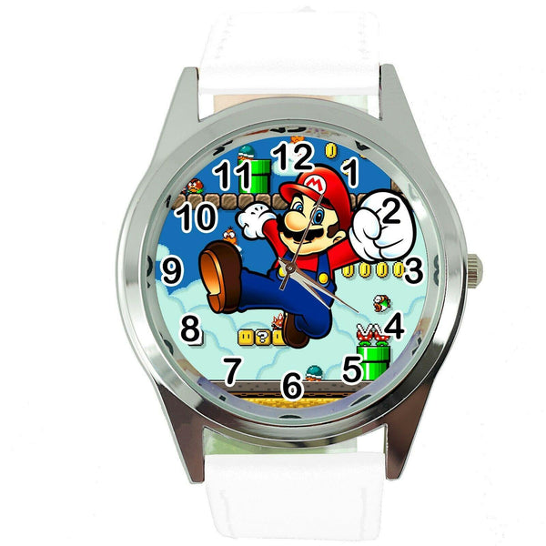SUPER MARIO BROS VIDEO GAME PLUMBER HERO WHITE LEATHER VIDEO GAME STEEL WATCH