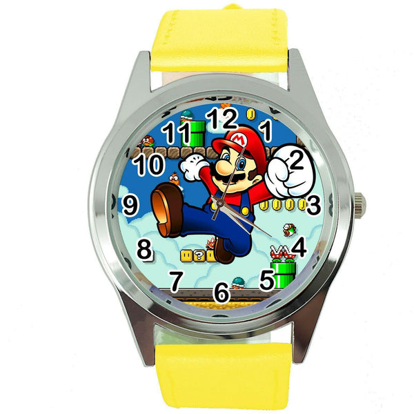 SUPER MARIO BROS VIDEO GAME PLUMBER HERO YELLOW LEATHER VIDEO GAME STEEL WATCH