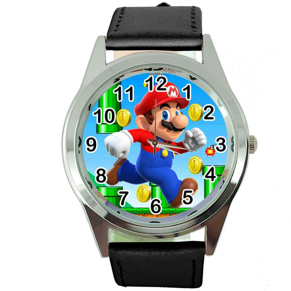 SUPER MARIO BROS VIDEO GAME PLUMBER HERO BLACK LEATHER VIDEO GAME STEEL WATCH E2