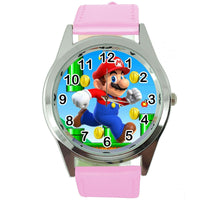 SUPER MARIO BROS VIDEO GAME PLUMBER HERO PINK LEATHER VIDEO GAME STEEL WATCH E2