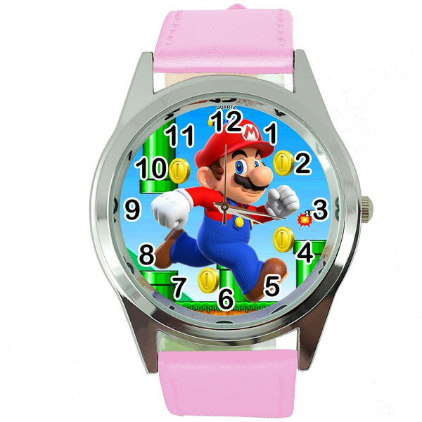 SUPER MARIO BROS VIDEO GAME PLUMBER HERO PINK LEATHER VIDEO GAME STEEL WATCH E2