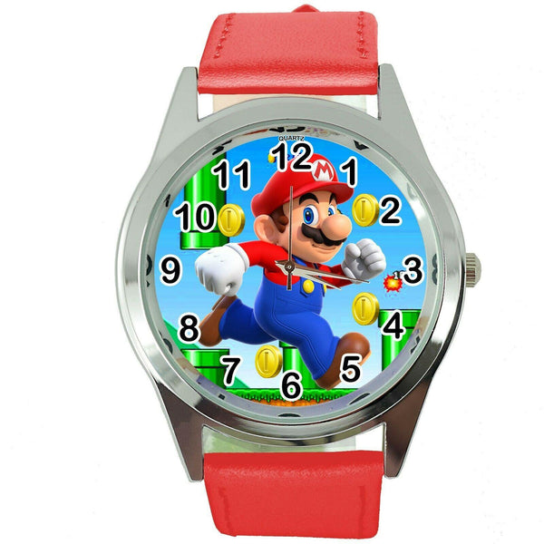 SUPER MARIO BROS VIDEO GAME PLUMBER HERO RED LEATHER VIDEO GAME STEEL WATCH E2