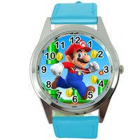 SUPER MARIO BROS VIDEO GAME PLUMBER HERO BLUE LEATHER VIDEO GAME STEEL WATCH E2