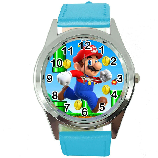 SUPER MARIO BROS VIDEO GAME PLUMBER HERO BLUE LEATHER VIDEO GAME STEEL WATCH E2