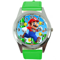 SUPER MARIO BROS VIDEO GAME PLUMBER HERO GREEN LEATHER VIDEO GAME STEEL WATCH E2
