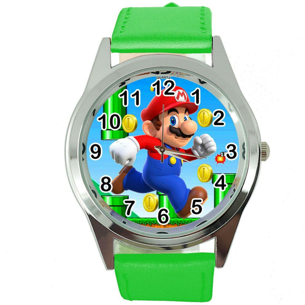 SUPER MARIO BROS VIDEO GAME PLUMBER HERO GREEN LEATHER VIDEO GAME STEEL WATCH E2