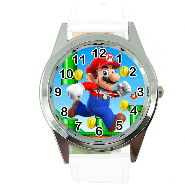 SUPER MARIO BROS VIDEO GAME PLUMBER HERO WHITE LEATHER VIDEO GAME STEEL WATCH E2