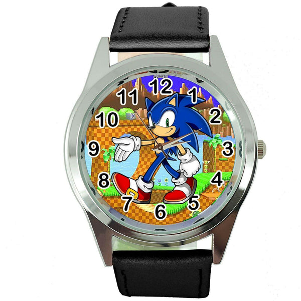 SONIC THE HEDGEHOG CARTOON FILM MOVIE DVD VIDEO GAME BLACK LEATHER STEEL WATCH