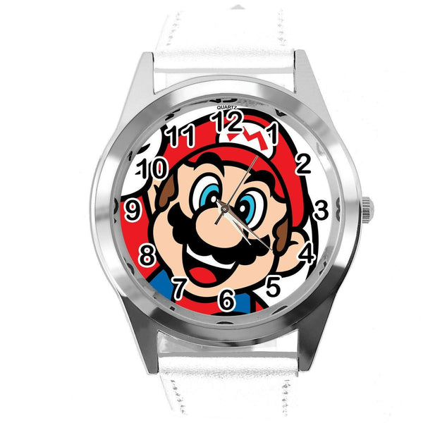 SUPER MARIO BROS VIDEO GAME PLUMBER HERO WHITE LEATHER VIDEO GAME STEEL WATCH E3