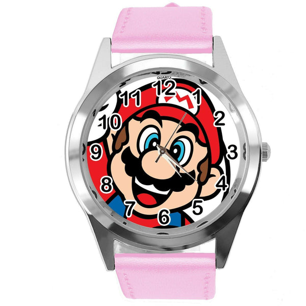SUPER MARIO BROS VIDEO GAME PLUMBER HERO PINK LEATHER VIDEO GAME STEEL WATCH E3
