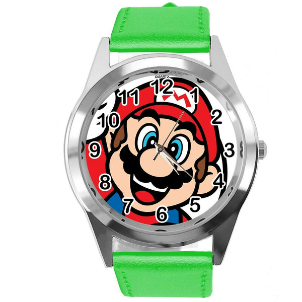 SUPER MARIO BROS VIDEO GAME PLUMBER HERO GREEN LEATHER VIDEO GAME STEEL WATCH E3