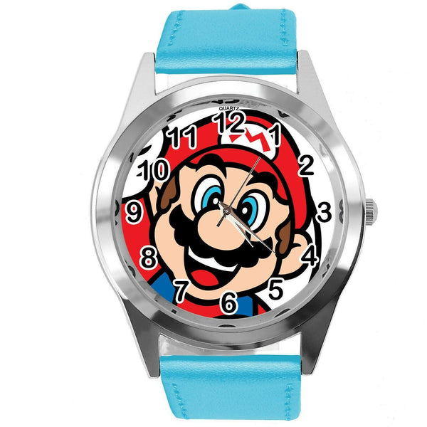 SUPER MARIO BROS VIDEO GAME PLUMBER HERO BLUE LEATHER VIDEO GAME STEEL WATCH E3