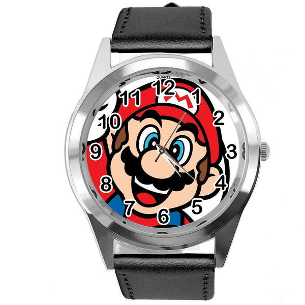 SUPER MARIO BROS VIDEO GAME PLUMBER HERO BLACK LEATHER VIDEO GAME STEEL WATCH E3