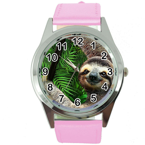 LAZY SLOTH  Steel PINK LEATHER QUARTZ ANALOG WATCH UHR RELOJ LENIWIEC ZEGAREK