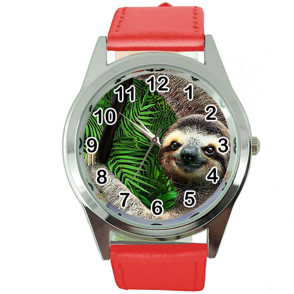LAZY SLOTH  Steel RED LEATHER QUARTZ ANALOG WATCH UHR RELOJ LENIWIEC ZEGAREK